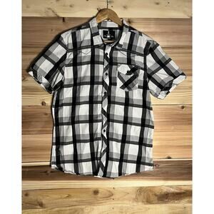 Buffalo David Bitton Mens L Black White Plaid Short Sleeve Button Up